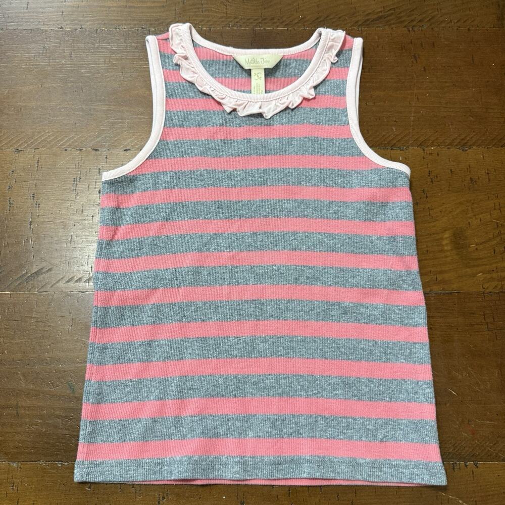 Matilda Jane Travel Log Gray Pink Striped Ruffle Tank Top Girl's 6
